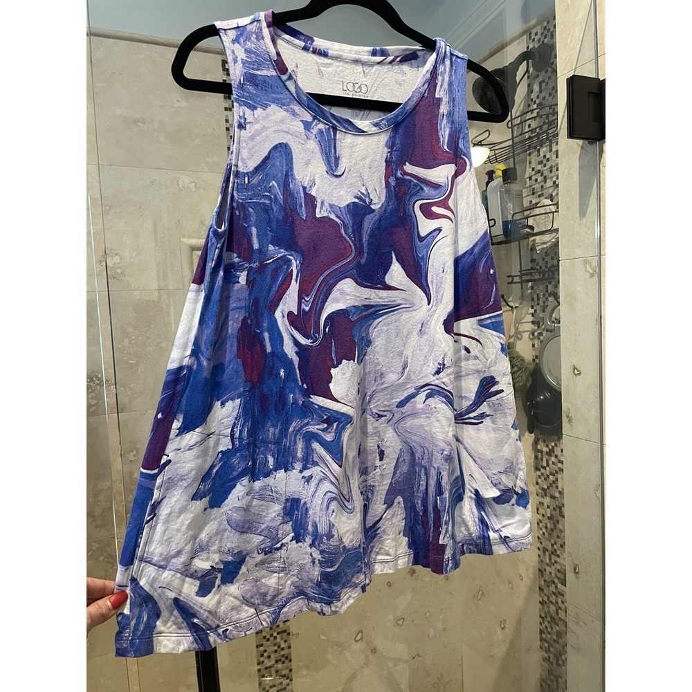 LOGO Lori Goldstein Tank Top Womens Medium Pockets Purple Blue Marble Swirl